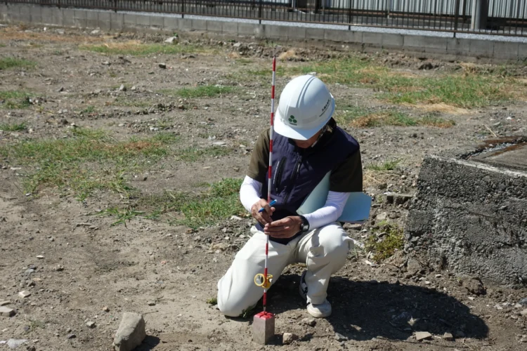 正確な家づくりのため敷地測量を行う矢橋林業の現地調査風景
